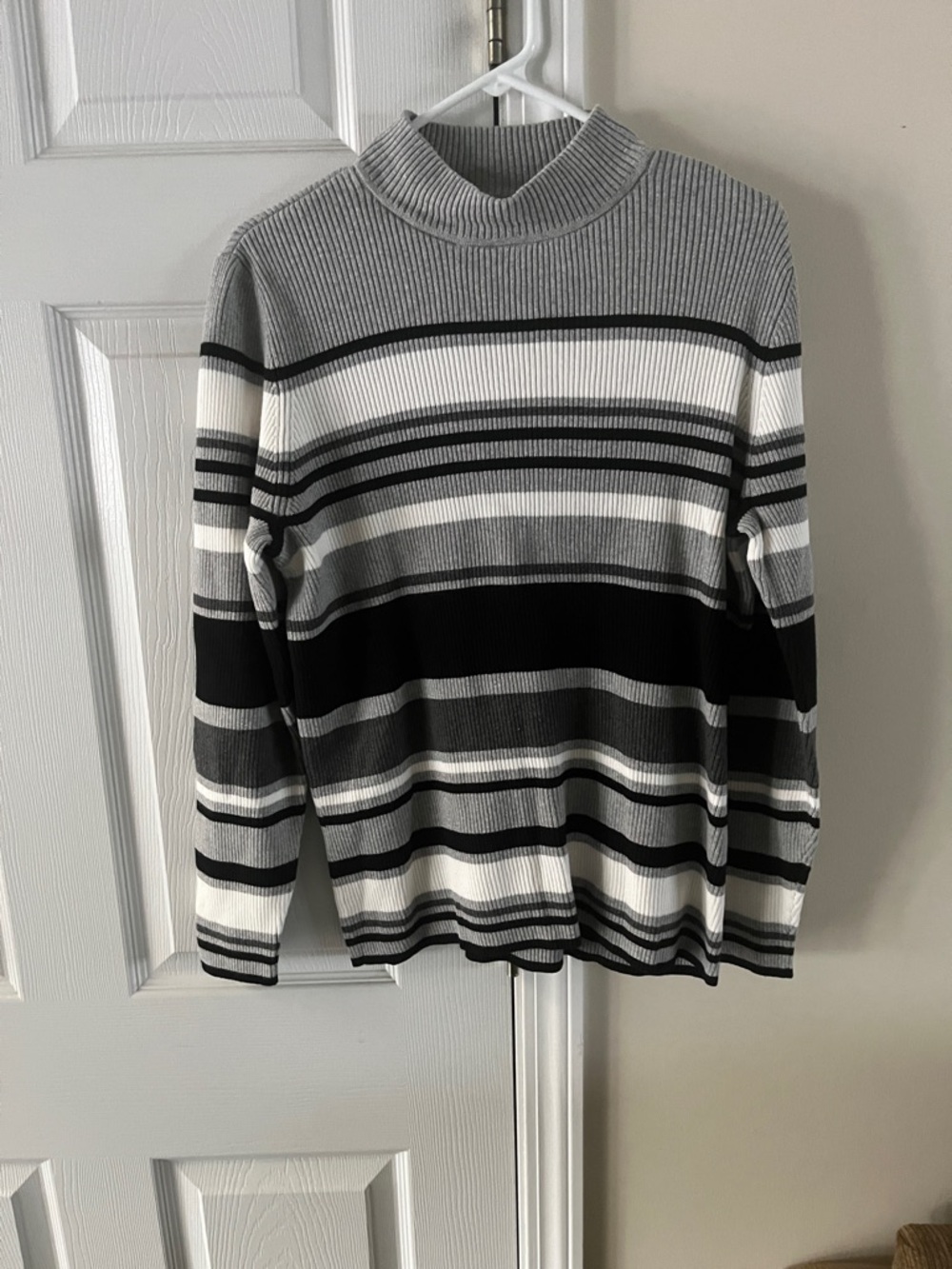 Karen Scott Gray Black and White Striped Turtleneck Sweater